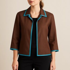 Bob Mackie Studio | Linen Jacket Chocolate with Turquoise Trim Size 12 Statement